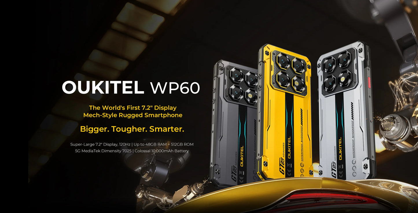 OUKITEL WP60 10000mAh Rugged Phone 7.2” HD+ Display 48GB(16+32) +512GB MTK 7025 Smartphone Android 15, 108MP Camera, NFC, 120Hz