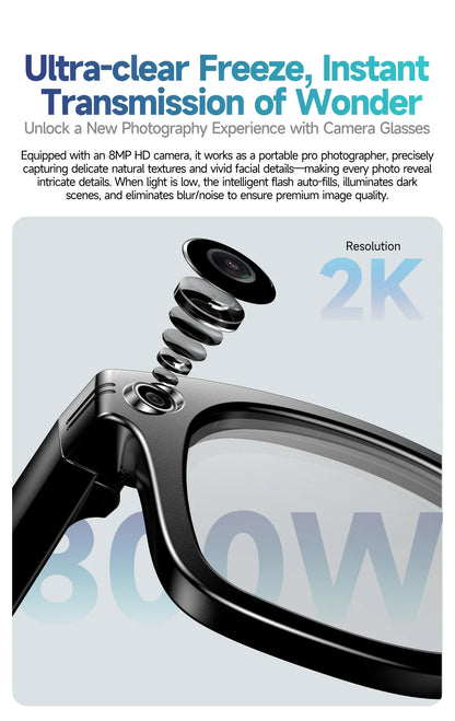 Lunettes intelligentes IA avec caméra 8 MP, enregistrement vidéo, traduction de plus de 100 langues, appels Bluetooth et lecture de musique. Modèle homme/femme (2025).