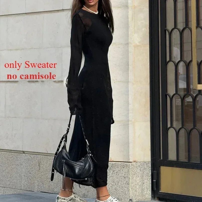 Spring Autumn O-Neck Elastic Knit Long Dresses Women 2024 Elegant Chic Soft Lady Hollowing Sweater Dresses Femme New