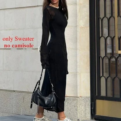 Spring Autumn O-Neck Elastic Knit Long Dresses Women 2024 Elegant Chic Soft Lady Hollowing Sweater Dresses Femme New
