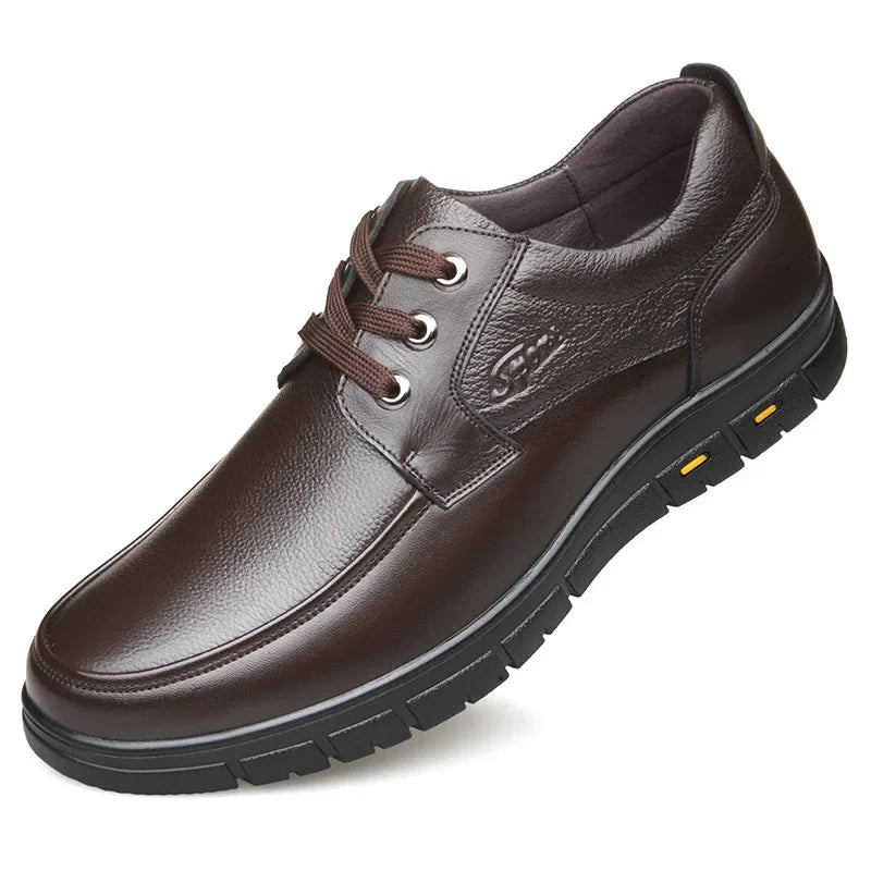 Autumn Men's Leather Shoes True Cowhide Flat Bottom Anti-Slip Plus Size Casual Elderly Father Shoes Rubber Sole China Made