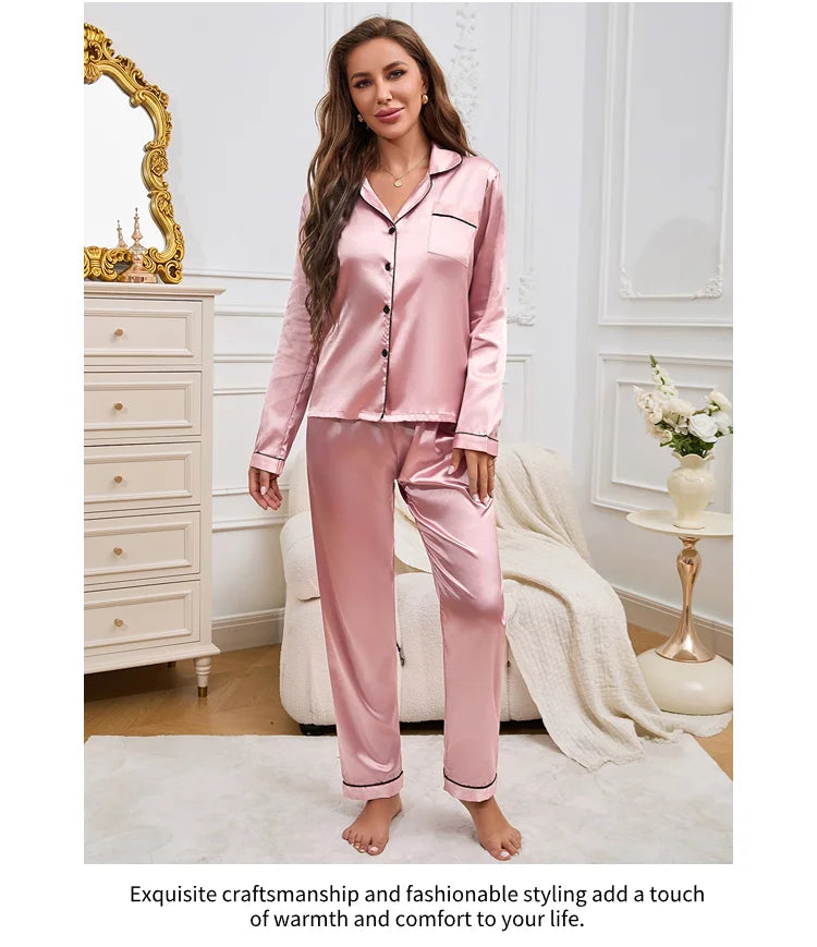 Women's Pajama Set Sleepwear Suit Loungewear Pj Set Satin Long Sleeve Tops With Pants 2 Pieces Pjs Pajamas for Women Pyjama