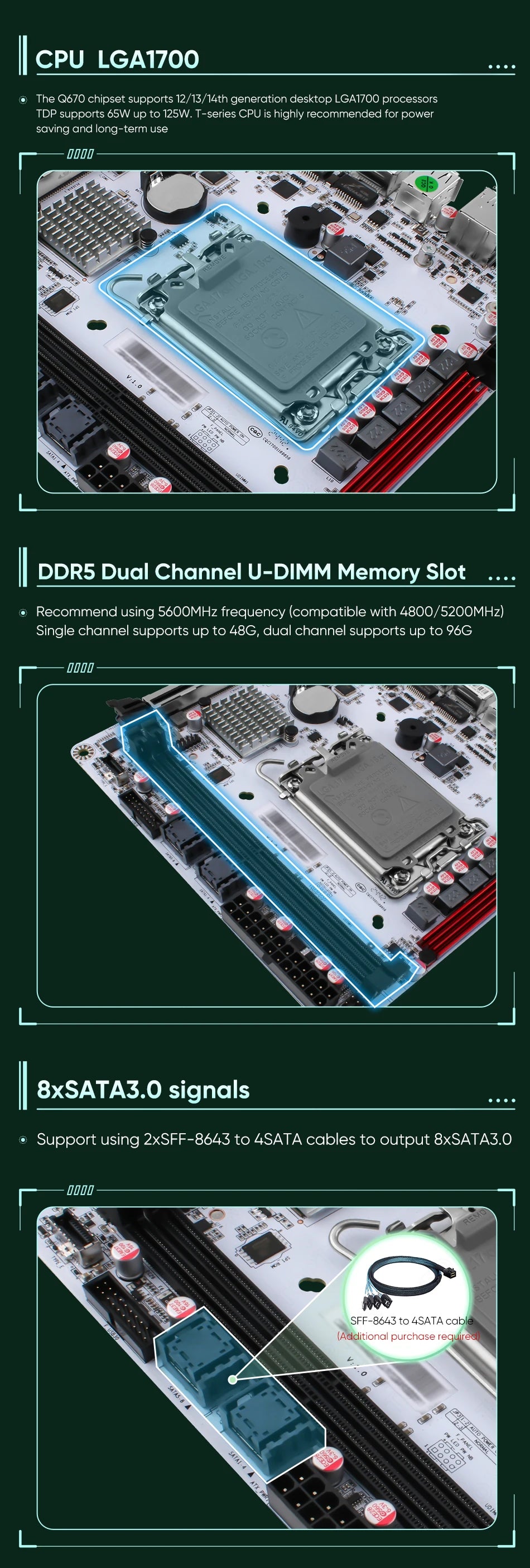 Q670 Intel vPro 8-Bay NAS Motherboard 12/13/14th Gen LGA1700 3*NVMe 2*SFF-8643 1*PCIE5.0x16 2*DDR5 2*2.5G LAN Firewall Mainboard
