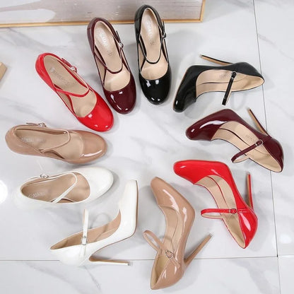 Women Patent Leather High Thin Heel Shoes Ankle Strap Women Pumps for Office Nightclub Party Wedding Cross Dressing Wide Shoes