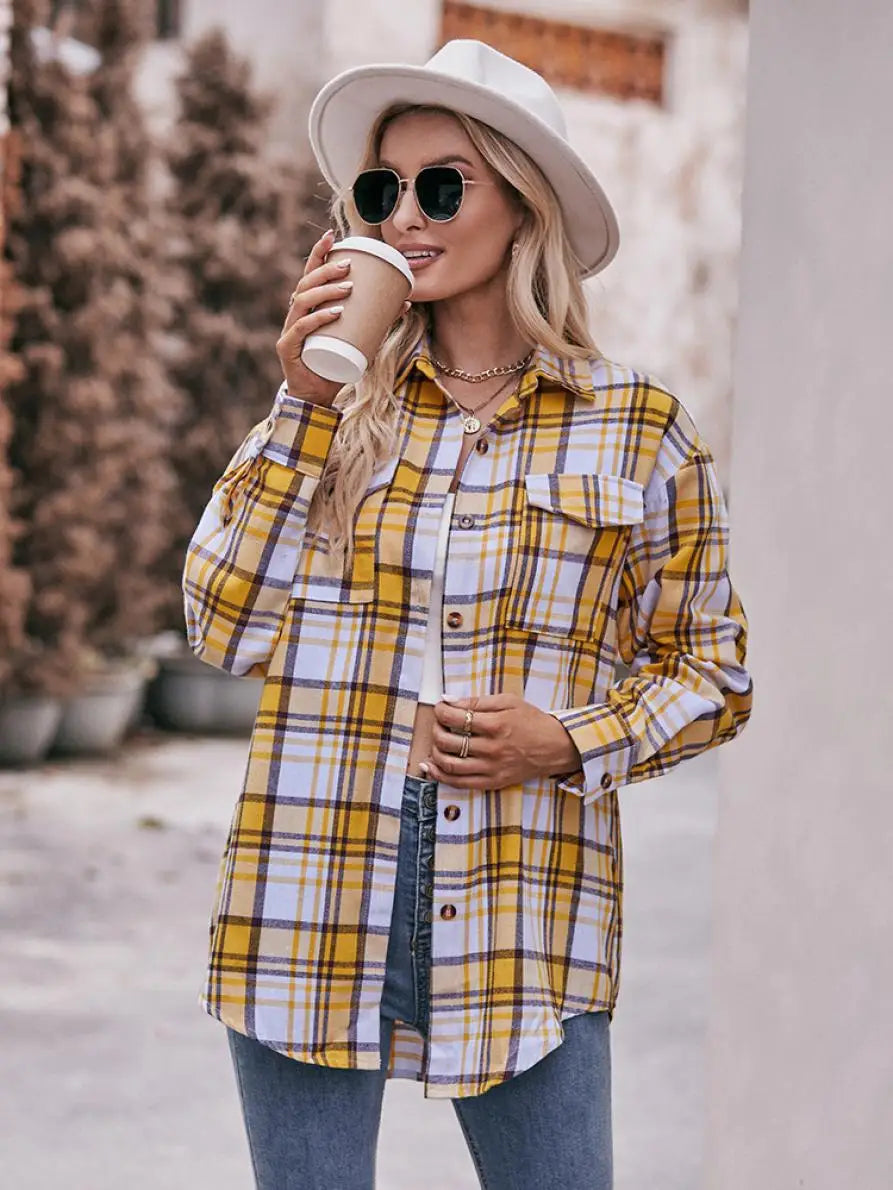 Autumn Plaid Shirt Women Long Sleeve Turn-down Collar Oversize Shirts Female Stylish Vintage Casual Blouse Ladies Chemise