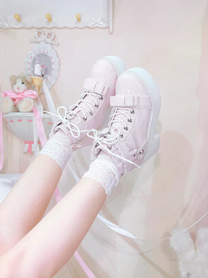 Japanese Mine Lolita Short Boots for Women Mass Production Love Rhinestone Buckle Bow Round Head Platform Boots Sweet Shoes