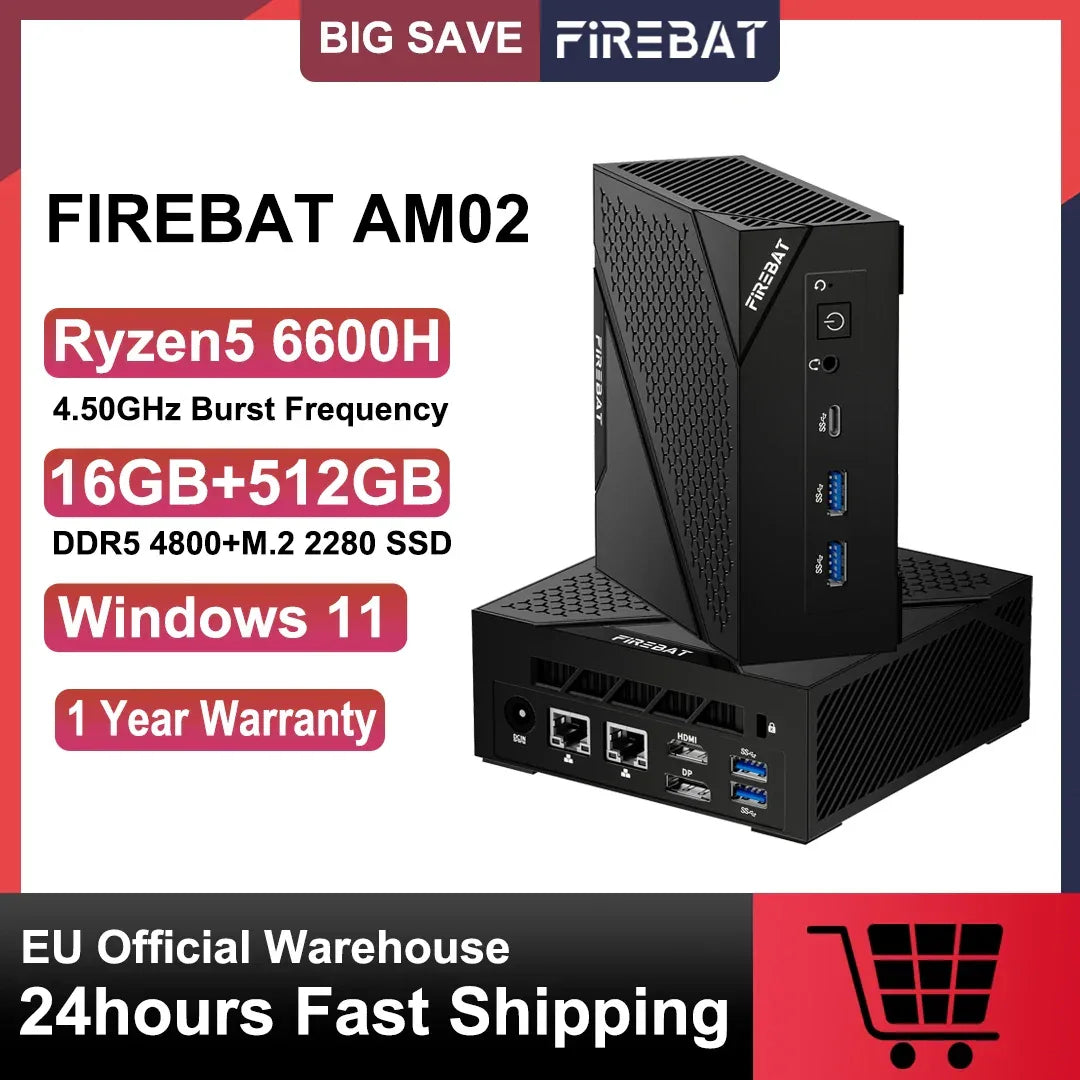 FIREBAT MINI PC AM02 AMD Ryzen 5 6600H 16GB DDR5 RAM 512GB SSD WIFI6 BT5.2 Windows11 Portable Desktop Computer Network port HDMI