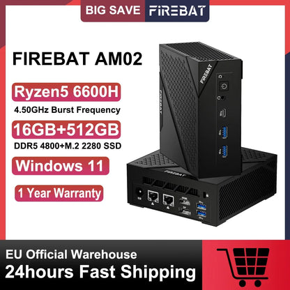 FIREBAT MINI PC AM02 AMD Ryzen 5 6600H 16GB DDR5 RAM 512GB SSD WIFI6 BT5.2 Windows11 Portable Desktop Computer Network port HDMI
