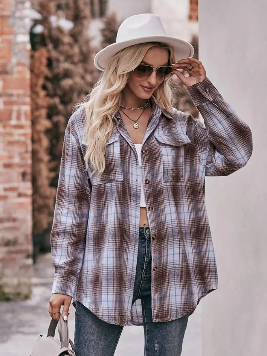 Autumn Plaid Shirt Women Long Sleeve Turn-down Collar Oversize Shirts Female Stylish Vintage Casual Blouse Ladies Chemise