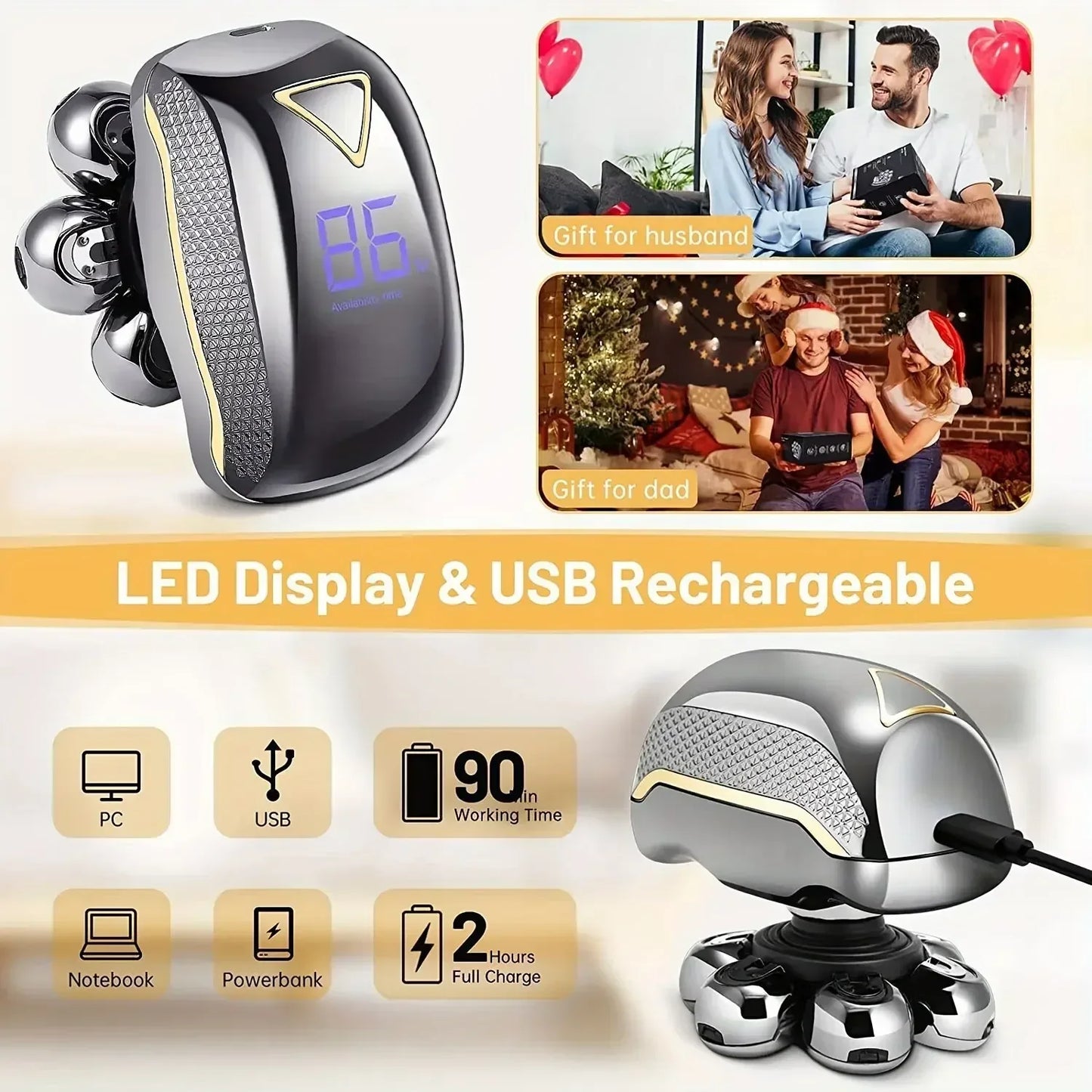Men's Electric Head Shaver Razor Rechargeable Cordless Hair Shaving Razors for Bald Man 6 in 1 Waterproof Wet Dry Beard Trimmer