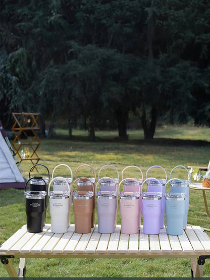 JUSTINLAU 600/900ml Insulated Cups Stainless Steel Double-drinking Thermos Cup with Handle& Straw Sports Bottle Car Ice Tumbler