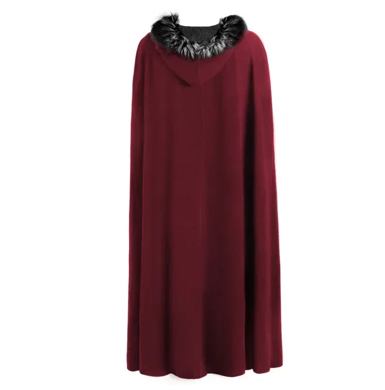 Men Punk Vintage Cape Casual Cloak Halloween Fur Collar Hooded Trench Medieval Costume Renaissance Party Autumn Winter Long Coat