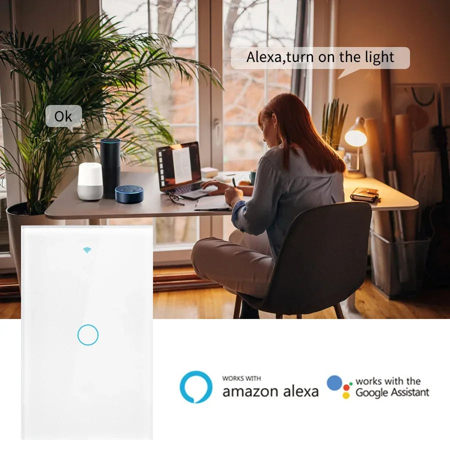 Tuya App US WiFi Smart Wall Switch 1/2/3/4 Gang No Neutral Wire Touch Sensor LED Light Switches Smart Home Alexa Google Home
