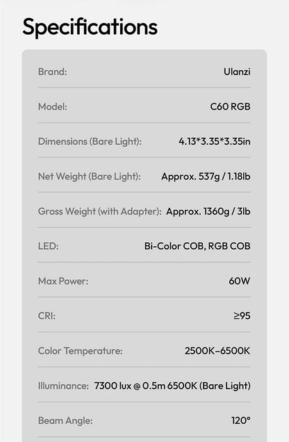 Ulanzi C60 60W RGB COB Light 2500-6500K Bi-Color Video Light For Photography Studio Shooting Outdoor Camping Lighting Vlog
