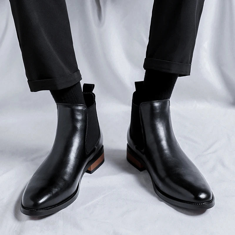 Genuine Leather Classic Men High Top Chelsea Ankle Boots High Quality Mens Casual Dress Business Shoes Comfy OutdoorBasic Boots