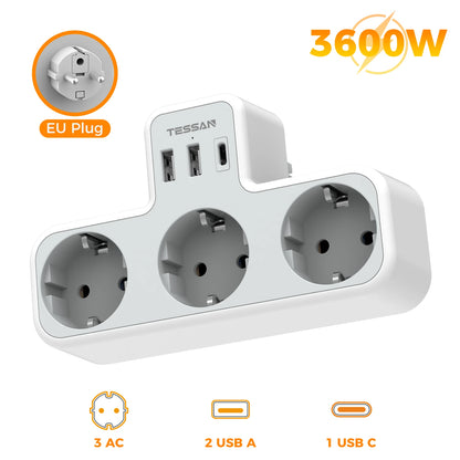 Tessan Multiple EU Standard USB Socket Wall Socket 6 in 1 Plug Socket with 3 AC Outlets with USB Charging Ports for Home Office
