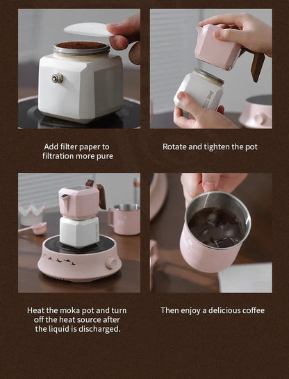 BINCOO Dual Valve Moka Pot Square Coffee Pot Espresso Pot Coffee Extraction Maker Set Electric Stove 220v Italian Home Barista
