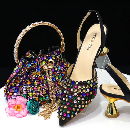 Venus Chan 2023 New INS High-Heeled Pointed Toe Wedding Shoes Colorful Full Diamond Design Shoe and Bag Set for Nigeria Party