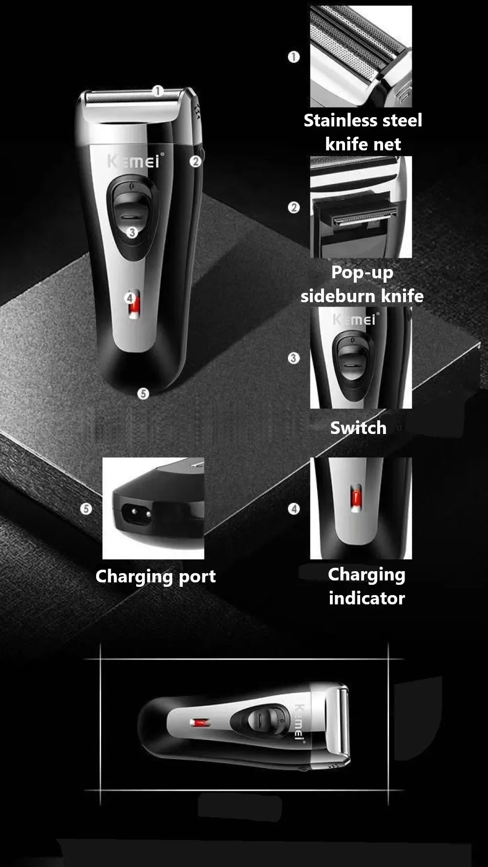 KM-9038 Powerful Rechargeable Shaver for Men Foil Electric Shaver Beard Head Shaving Electric Razor Facial USB with Extra Mesh