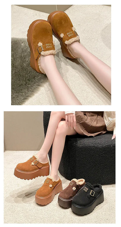 Platform High Heels Slippers Women Suede Mules Shoes Fur Warm Wedges Flip Flops 2025 Winter New Snow Boots Fashion Zapatos Mujer