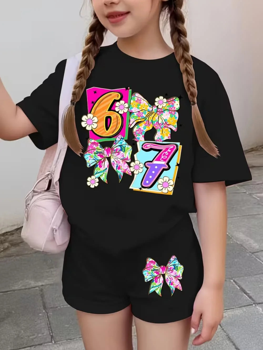 67 Six Seven Girls Clothes Cute Bows Flowers Print Girls Short Sleeve T-Shirt + Pants Set Casual Fashion Children's Clothes Tops