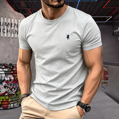 100% pure cotton 2026 high-end brand men's short sleeved round neck top summer fashion luxury pony embroidery top sports T-shirt