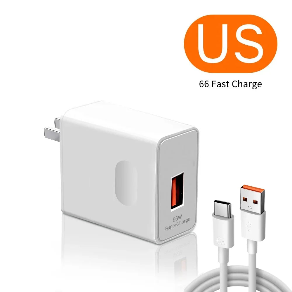 6A 66W Super Fast EU US Wall Charger Adapter 6A Type-C Cable For Huawei Mate 40 50 60 P50 Nova8 9 10 Honor 90 100 X7 X8 X9 Magic