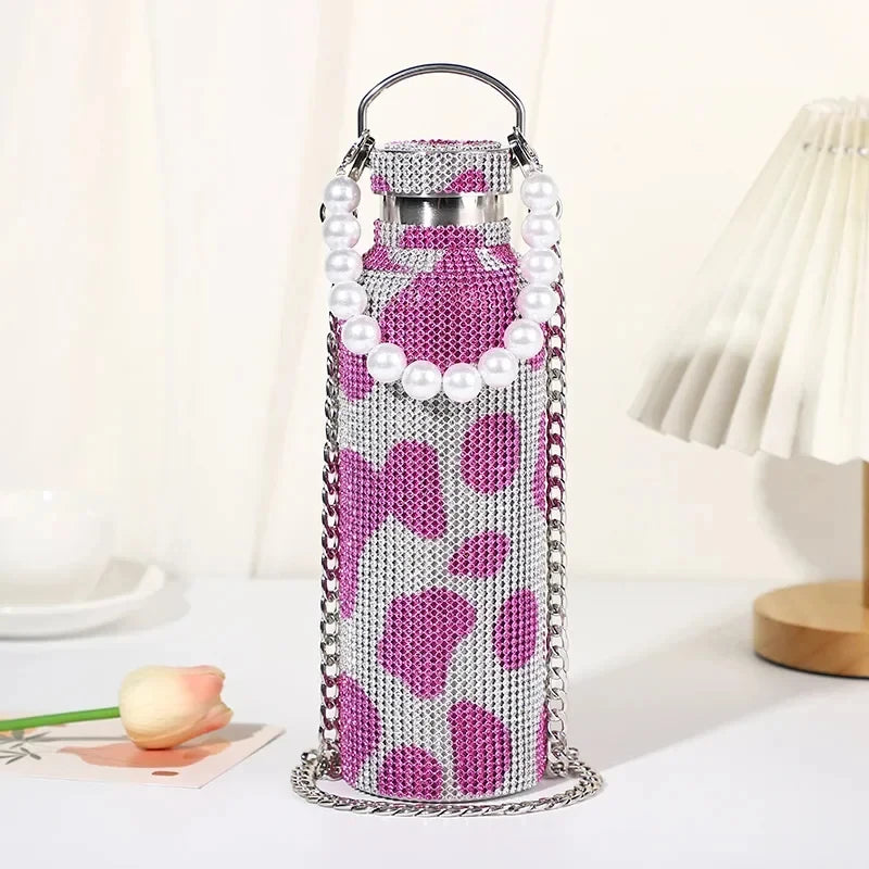 350/500/750/1000ml Luxury Rhinestone Thermos Bottle 2pcs Chain Portable Water Bottle Double Wall Stainless Steel Thermal Flask