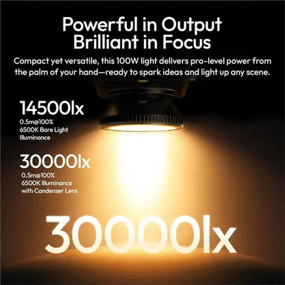 AT82-C01 100W COB Portable Fill Light With Condenser Lens 2700K-6500K Cooling Fan Video Light LED Studio Light