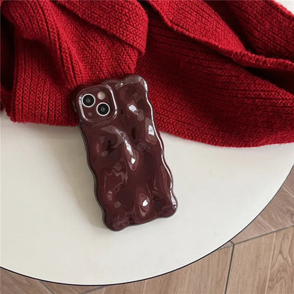 Casing Wine Red Phone Case Compatible for IPhone 11 13 12 14 Pro Max Luxury Luxury glossy wave pattern Solid Color Phone Cover