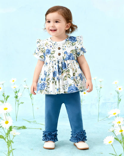 Top Rated Trending Baby Girl (0-4Y) Floral Print Ruffle Top & Lace Trim Pants 2pc Set: Soft Breathable Cotton, Skin-Friendly