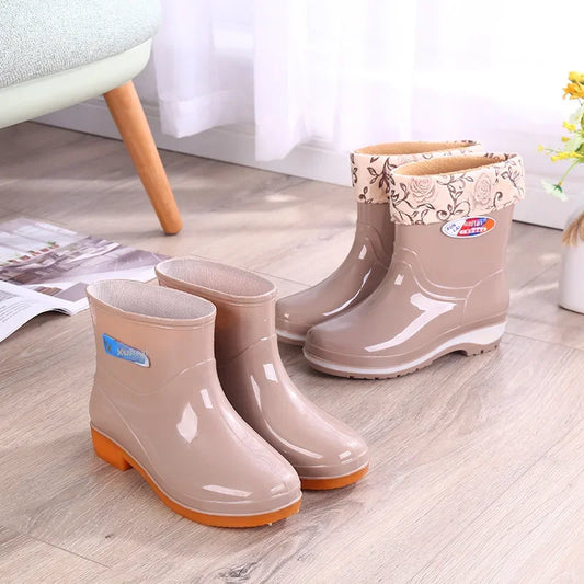 Women's Short Rain Shoes Non-slip Waterproof Rubber Boots Durable Wear-resistant Rain Boots Fleece Lined Warm Shoes Wholesale