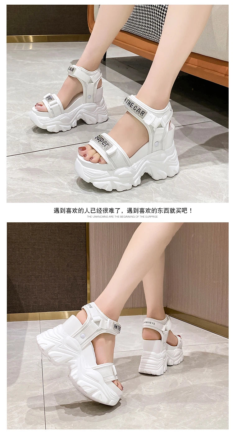 New Summer Black Women High Platform Sandals 11CM Wedge Heels Bling Slippers Peep Toe High Heels White Leather Chunky Flip-Flops