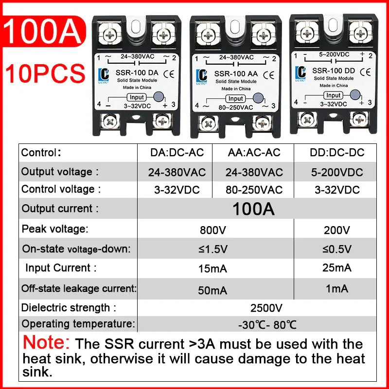 LCTC 10PCS SSR 10A 25A 40A 50A 60A 80A 100A Solid State Relay DC To AC AC To AC DC To DC Single Phase Control Relay