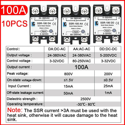 LCTC 10PCS SSR 10A 25A 40A 50A 60A 80A 100A Solid State Relay DC To AC AC To AC DC To DC Single Phase Control Relay