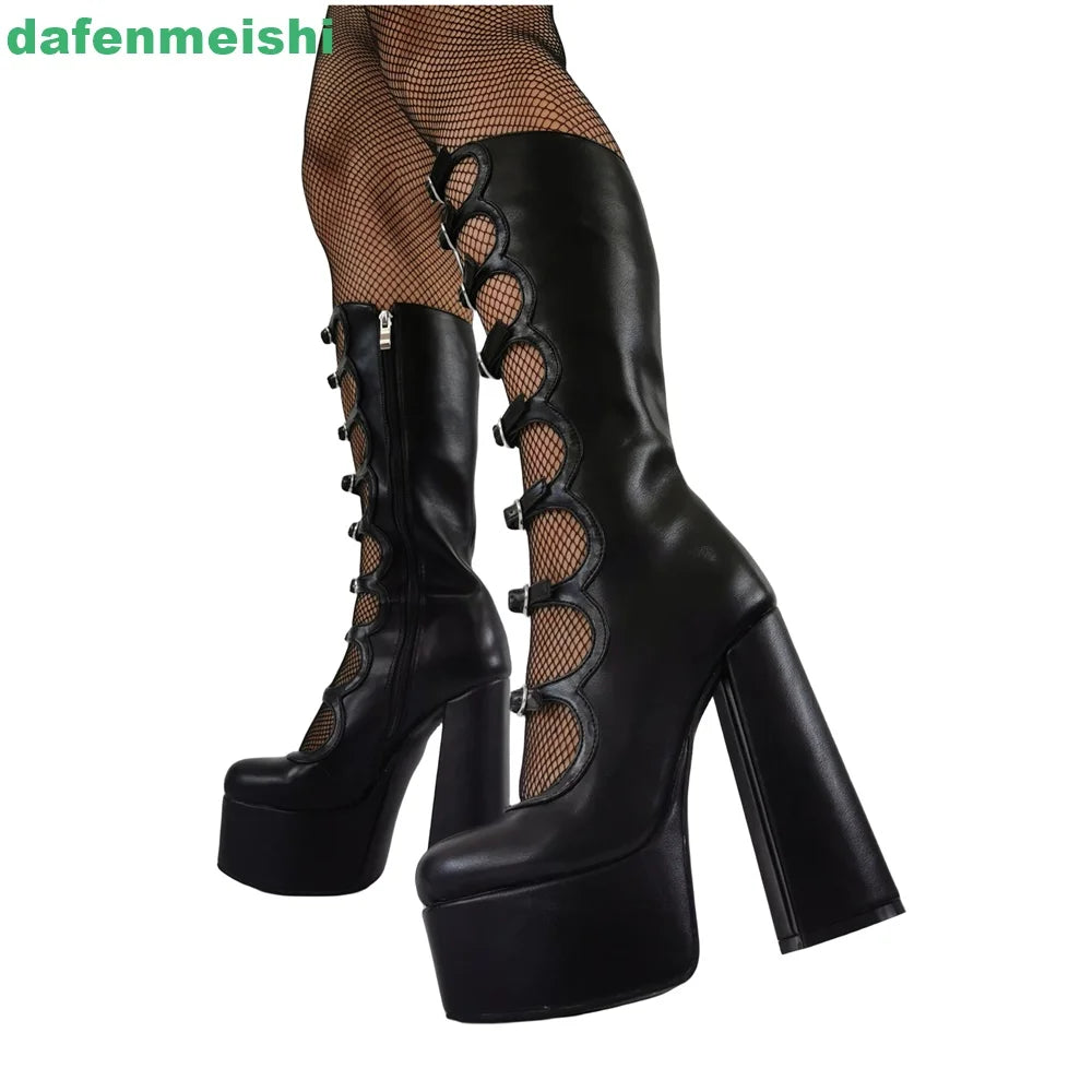 2026 New Women Pole Dance Shoes Hollow Mid-Calf Boots Platform Zipper Square Heel Buckle Strap Fashion Round Toe Sexy Boots