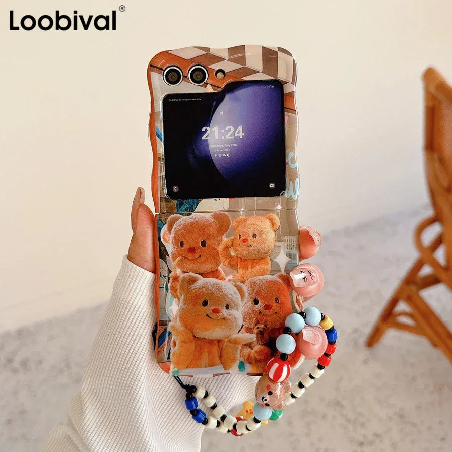 Cartoon Cute Bear Wave Border Phone Case for Samsung Galaxy Z Flip 5 4 3 Zflip5 Flip3 ZFlip4 Star Bracelet Shockproof Lens Cover