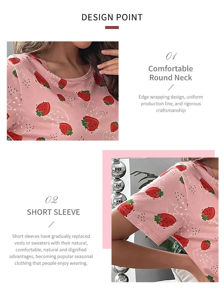 Pajamas Set for Women Breathable Strawberry Print Sleepwear Comfy Short Sleeve Top and Shorts Pyjama Home Loungewear for Ladies