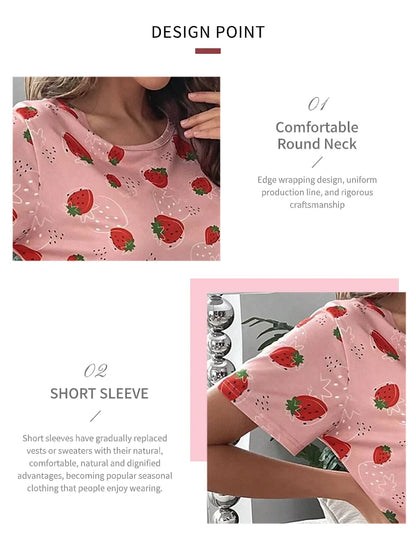 Pajamas Set for Women Breathable Strawberry Print Sleepwear Comfy Short Sleeve Top and Shorts Pyjama Home Loungewear for Ladies