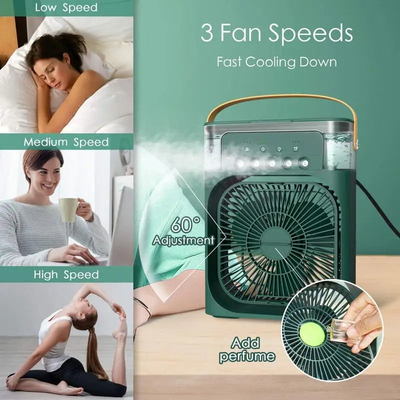 Portable Mini Air Cooler Humidifier Fan 3 Speed Mist Spray 7 Color LED 1/2/3 Hour Timer USB Desk Fan for Home Office Travel