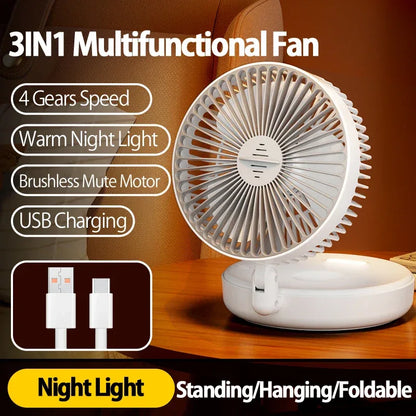 New 5000mAh Rechargeable 3IN1 Multifunctional Portable Fan Wall Mounted Fan 90° Folding Fan 4 Gears With Warm Night Light