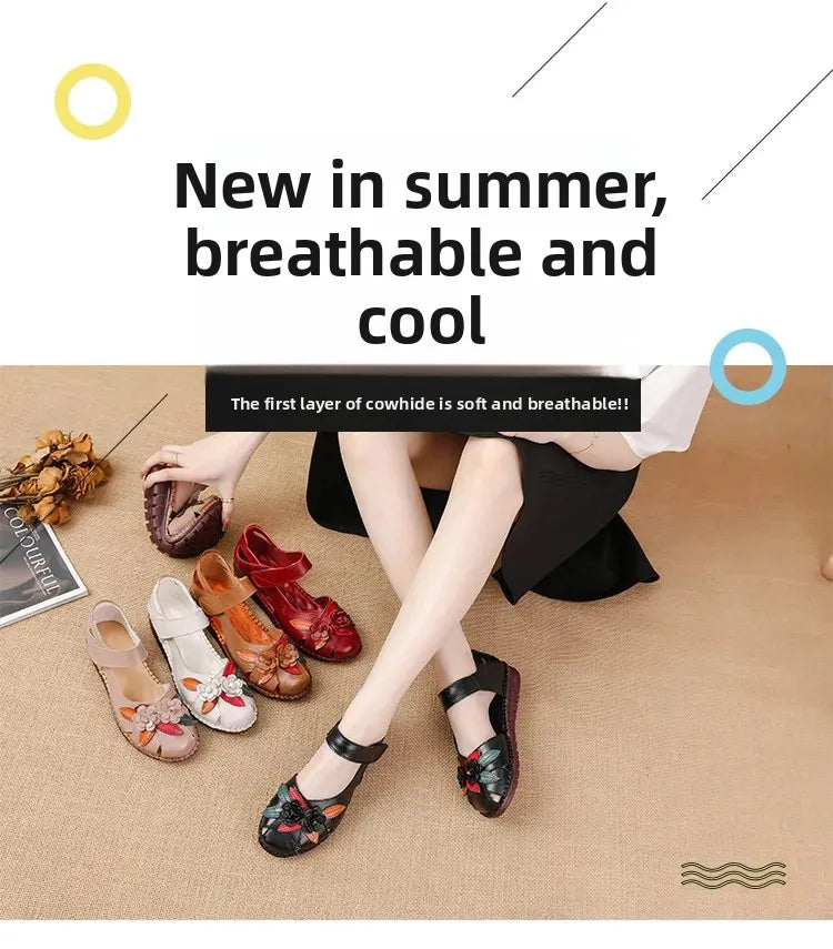 New 2025 Ladies Flat Sandals Soft Leather Anti-Slip Bottom Ethnic Style Comfortable Soft Surface Design for Elderly People
