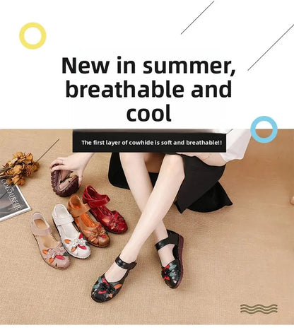 New 2025 Ladies Flat Sandals Soft Leather Anti-Slip Bottom Ethnic Style Comfortable Soft Surface Design for Elderly People
