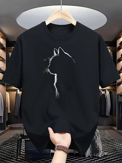 2026 New Summer Men's Quick-Dry Casual Sports T-Shirt Loose Cat Pattern Print Comfortable Crew Neck Short Sleeve T-Shirt Top