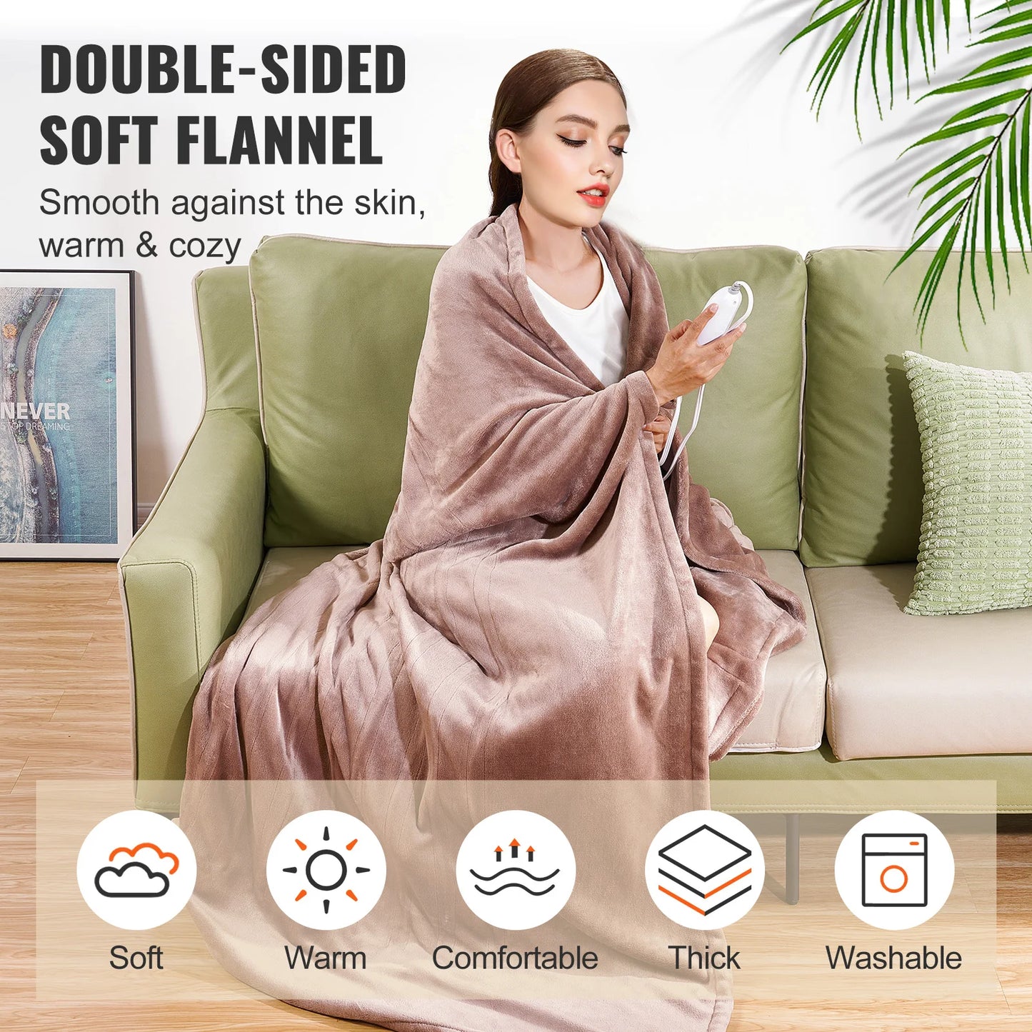 SucceBuy Heated Blanket Electric Throw 100" x 90"King Size Soft Flannel Heating Blanket with 10H Timer Auto-off 5 Heating Levels