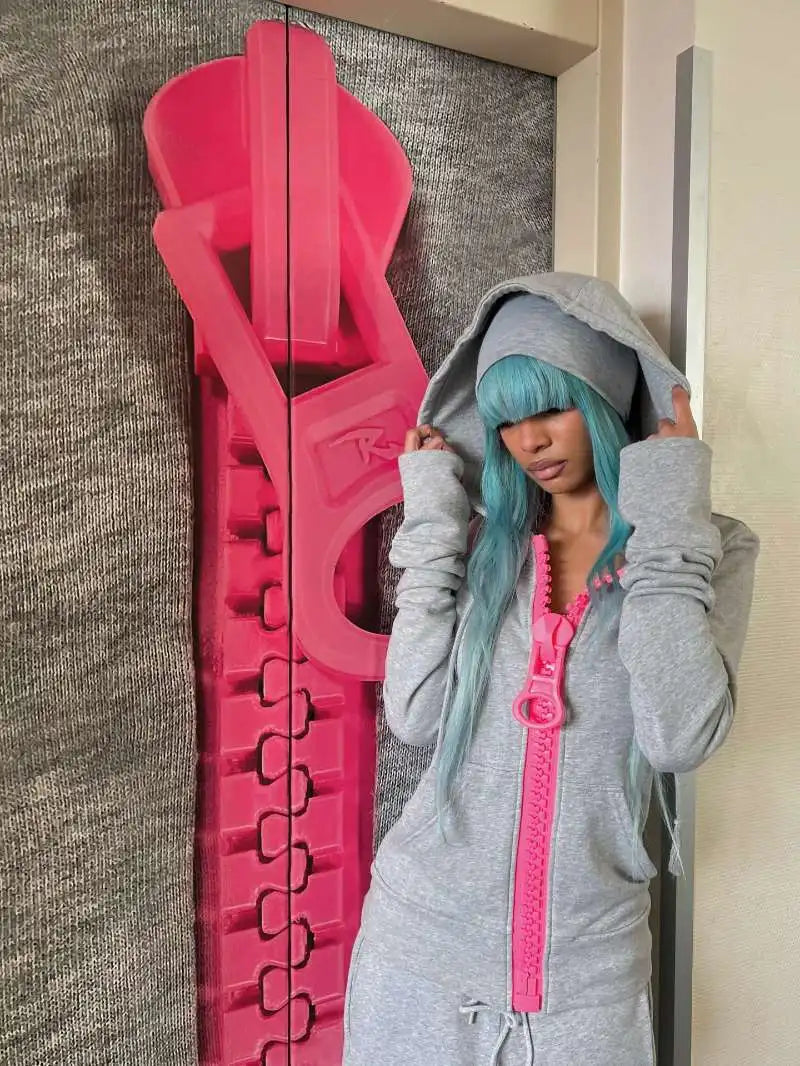 Y2K street Harajuku loose oversized zipper multi-pocket hoodie American fashion trend solid color oversized hoodie for women
