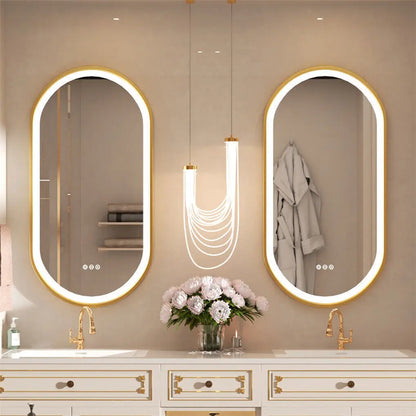 LED Bathroom Mirror Oval Illuminated Wall Mirror Aluminum Gold Frame Memory Anti-fog 3 Changeable Color, IP56 800/1000/1200MM