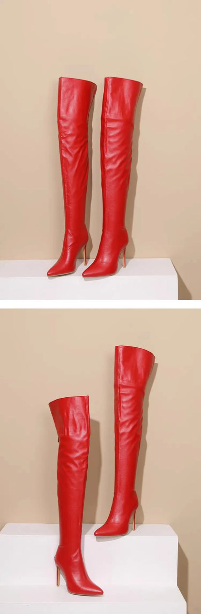 Size 34-48 White Boots For Woman Spring Autumn Stiletto Heels Back Zipper Pointed Toe Thigh Boots Over Knee T Show Shoes 11CM