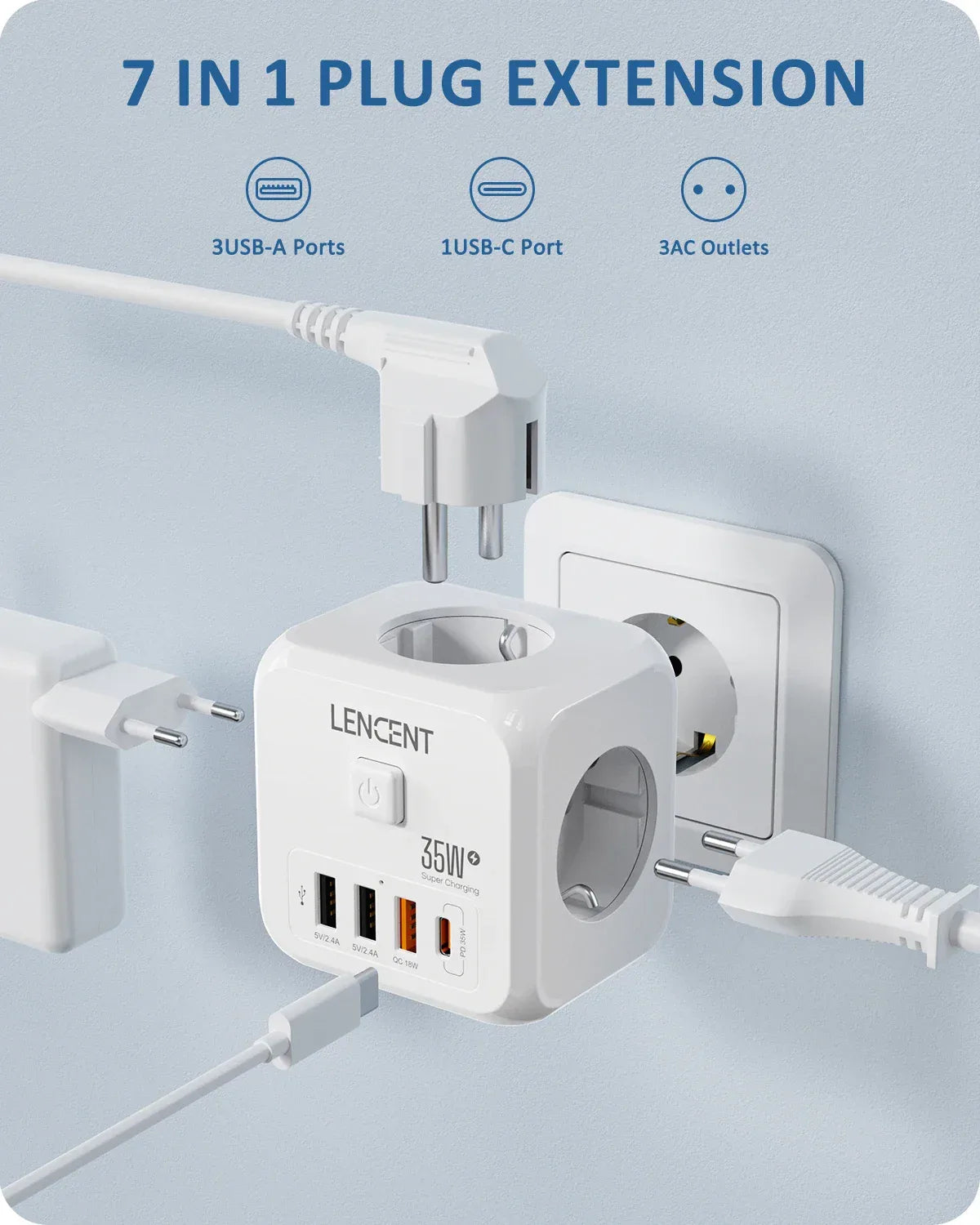 LENCENT Multi USB Wall Socket Cube with 3AC Outlets USB-A and Type C 7-in-1 Power Strip EU Plug Socket On/Off Switch for Home