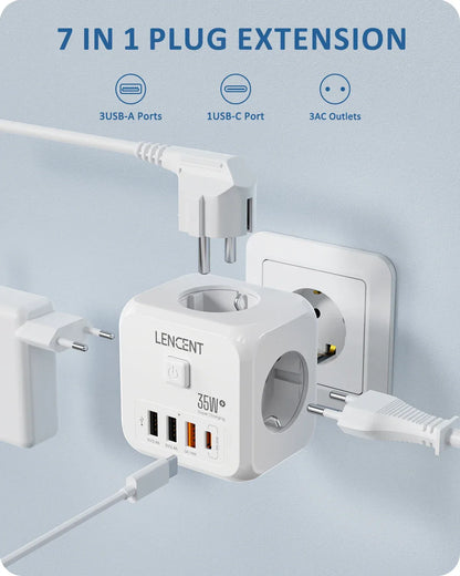 LENCENT Multi USB Wall Socket Cube with 3AC Outlets USB-A and Type C 7-in-1 Power Strip EU Plug Socket On/Off Switch for Home